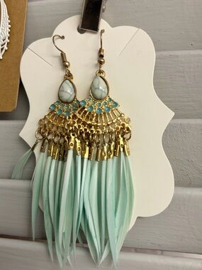 Bohemian Gold Fringe Earrings with Mint feathers